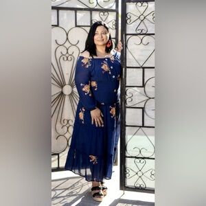 Fig & Flower Anthro Navy Blue Floral Applique Tiered Off Maxi Dress Boho Farm XL